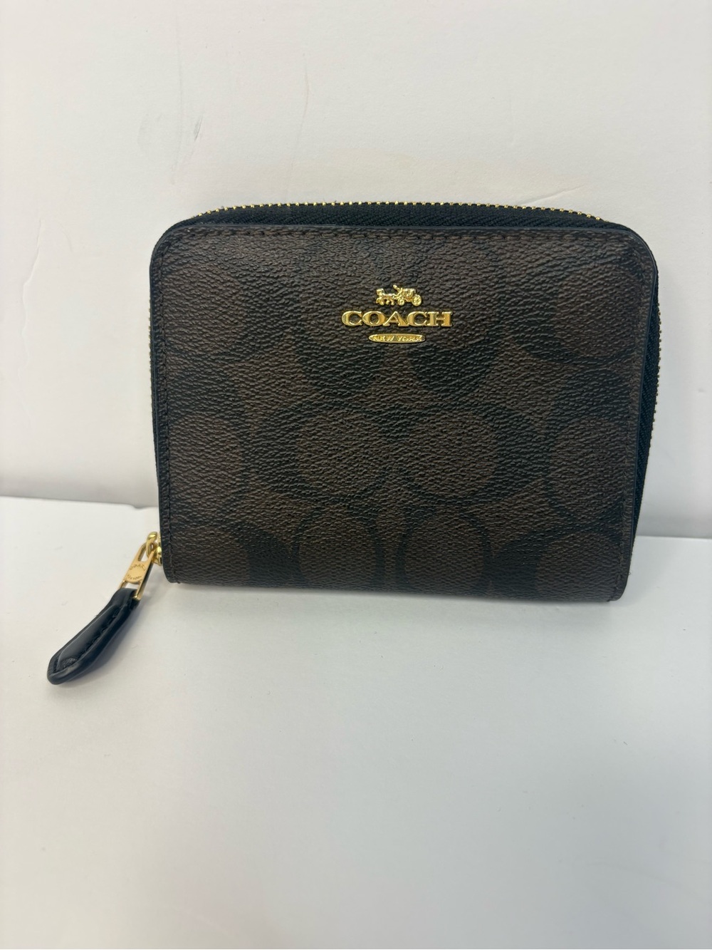 COACH Brown Signature Canvas Zip Card Holder with Gold Hardware